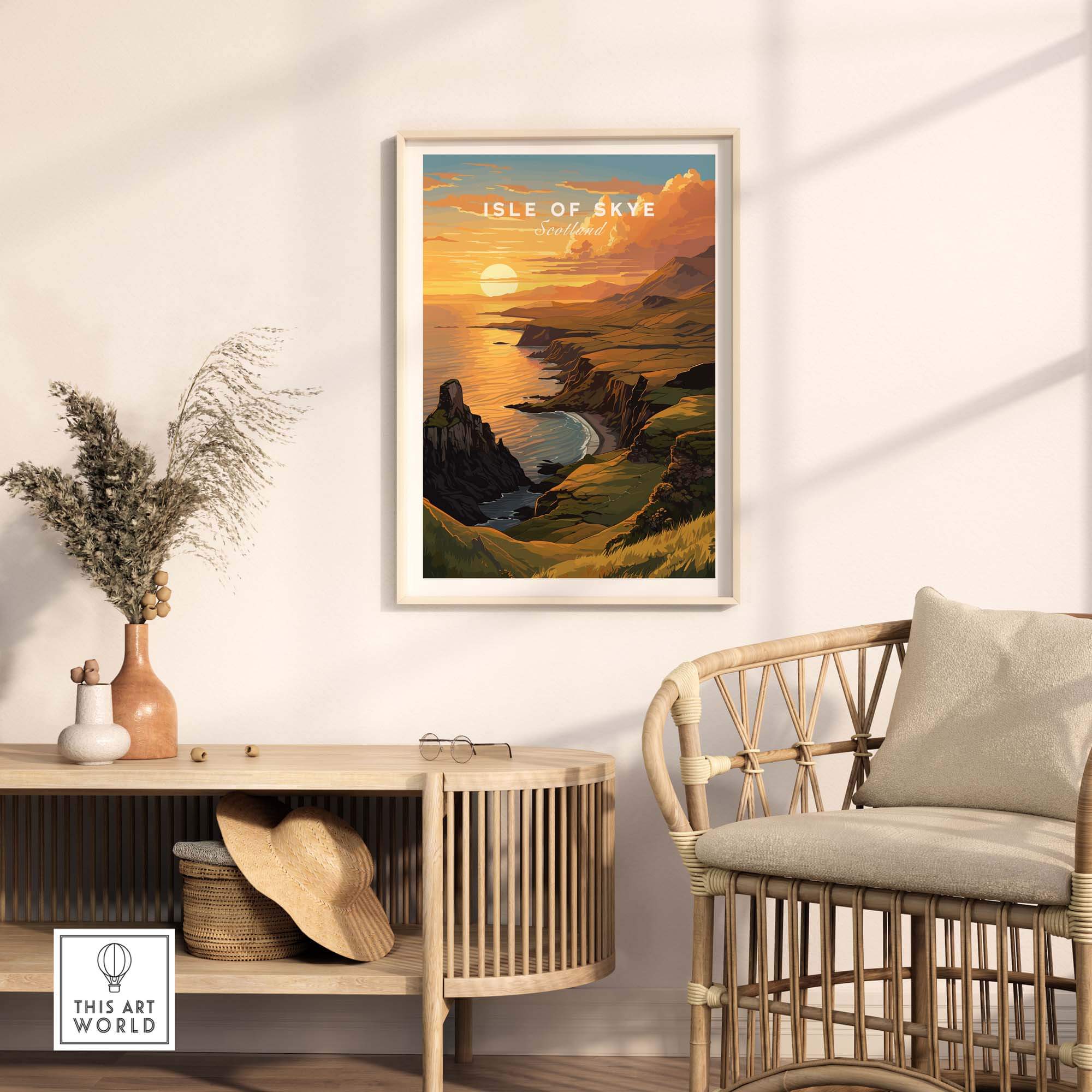 Isle of Skye Art Print showcasing vibrant sunset colors in a serene home setting with natural decor.