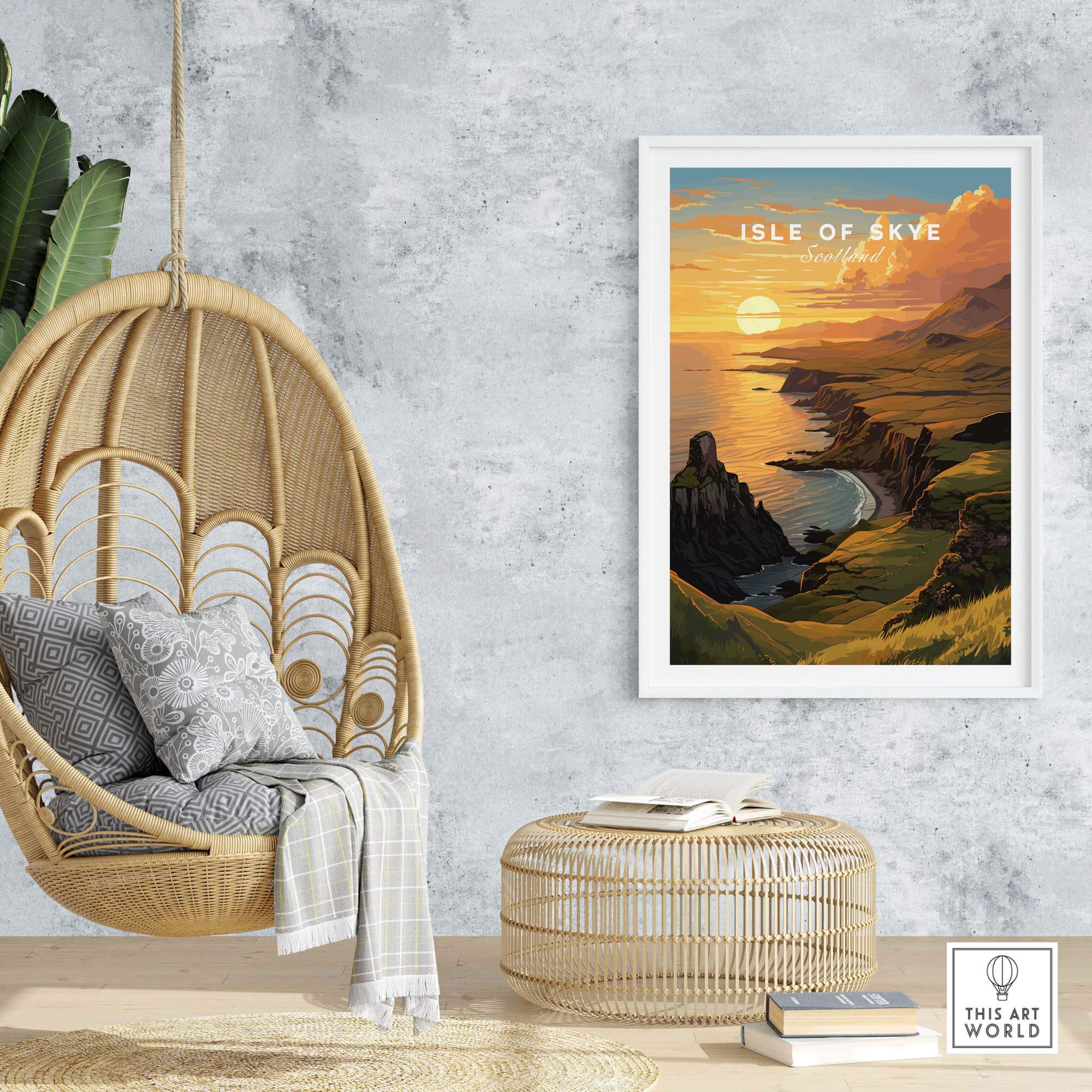Isle of Skye Art Print showcasing sunset over cliffs, adding natural beauty to any room decor.