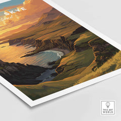 Isle of Skye Art Print showcasing a vibrant sunset over the Scottish landscape with cliffs and ocean.