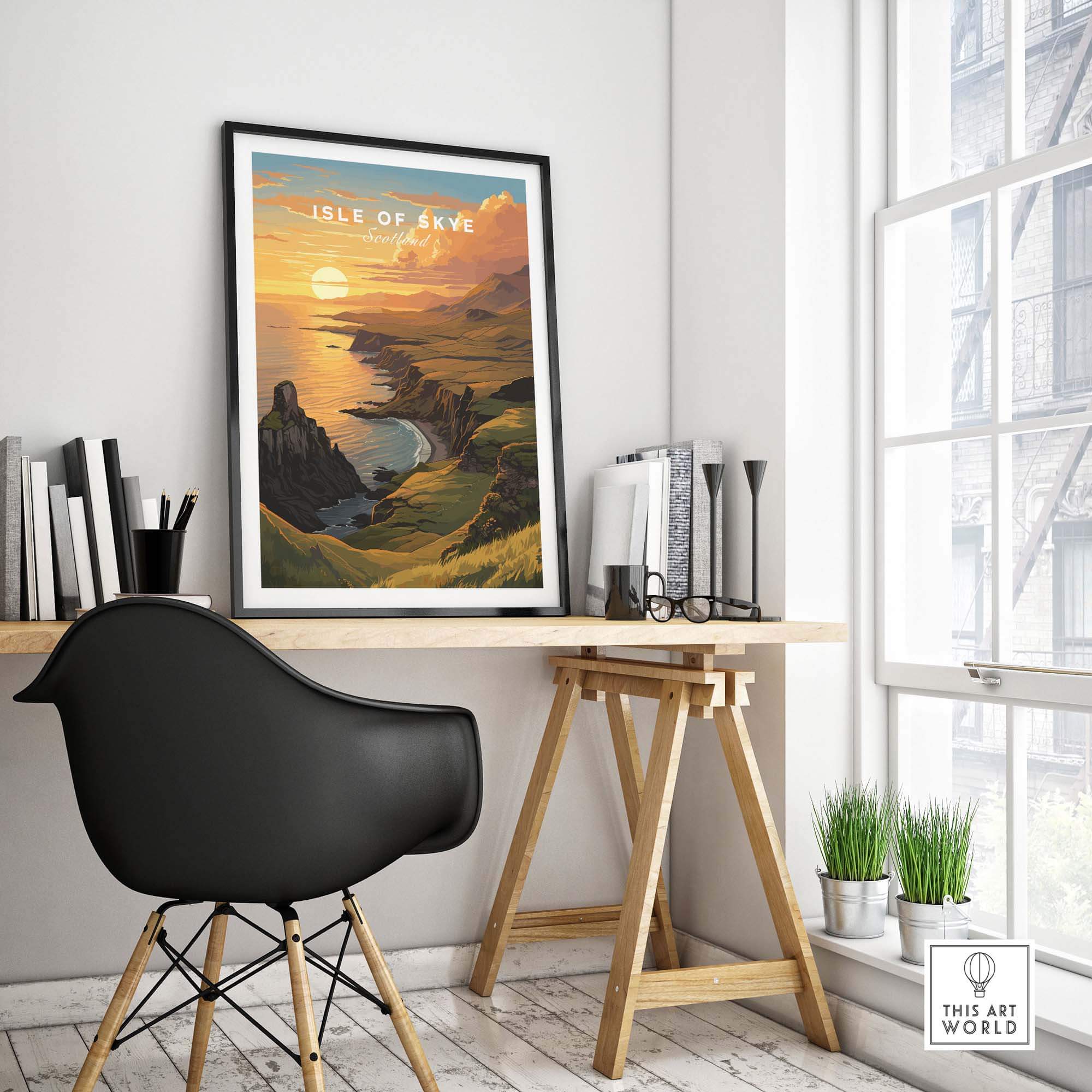Isle of Skye Art Print framed on a wall in a modern room with a stylish chair and desk.