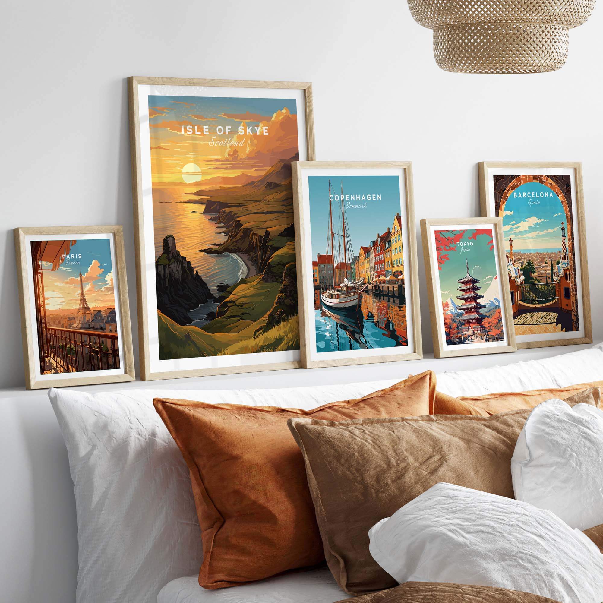 Isle of Skye Art Print displayed with other travel-themed art prints in a cozy room setting.