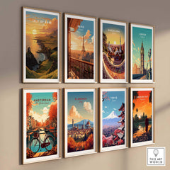 Gallery wall featuring Isle of Skye Art Print among other city art prints in vibrant colors.