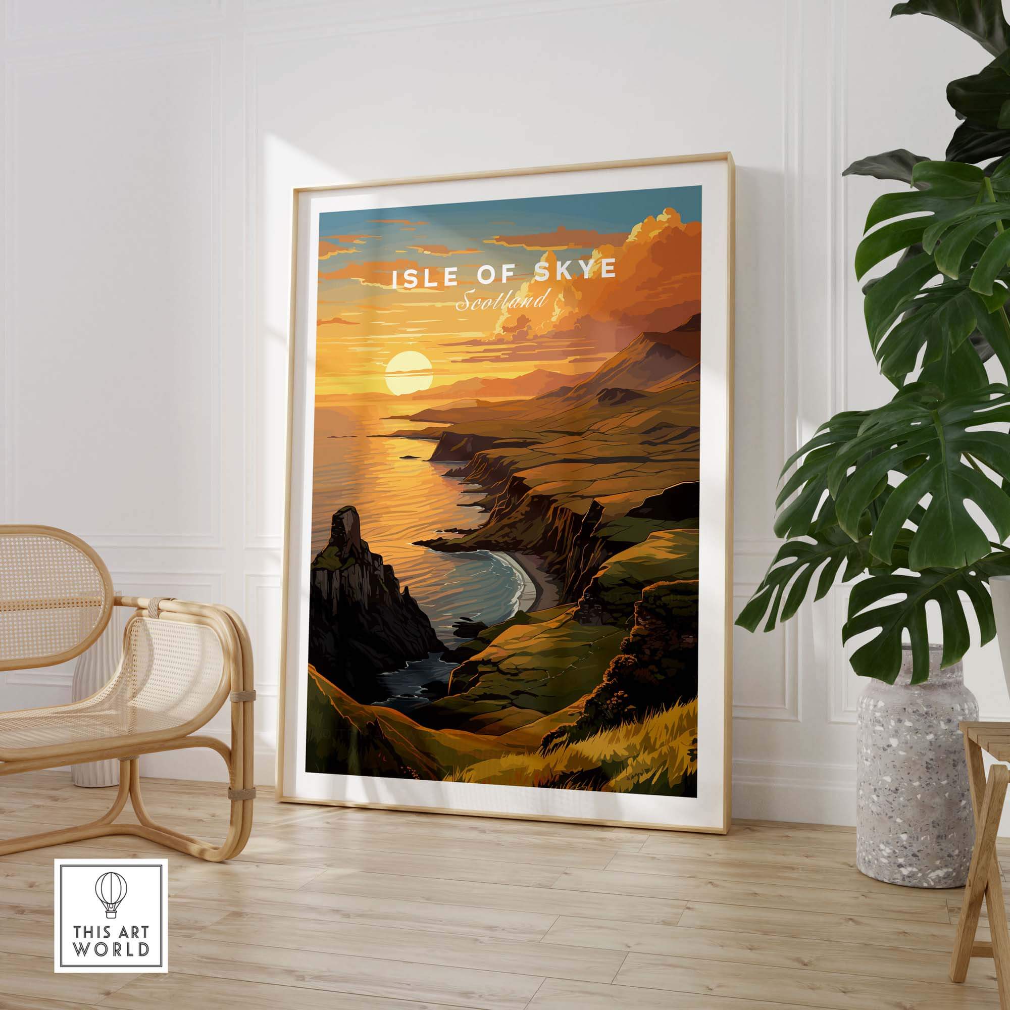Isle of Skye Art Print featuring a stunning sunset over the Scottish landscape in a modern interior setting.