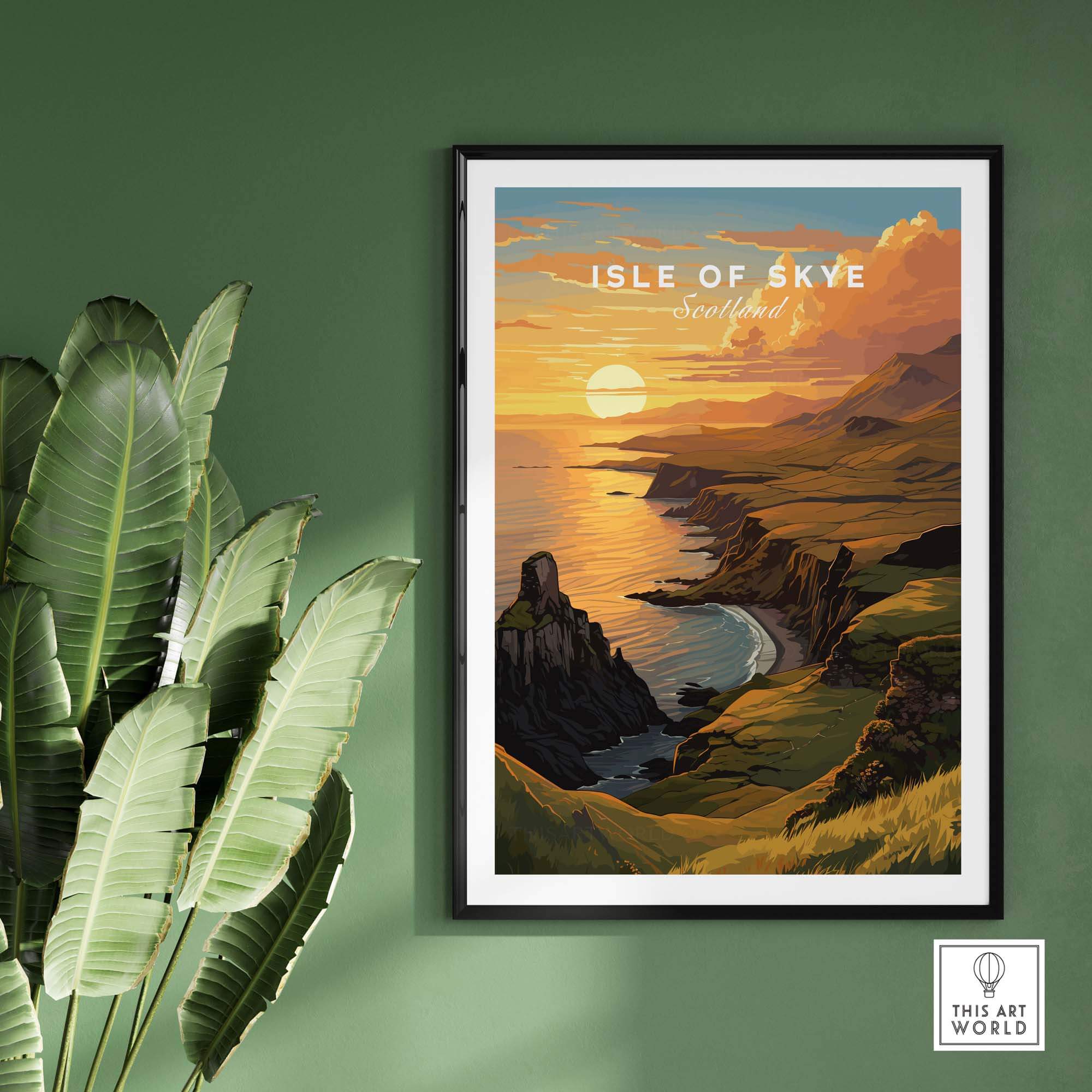 Isle of Skye Art Print showcasing a stunning sunset view of the Scottish landscape with vibrant colors.