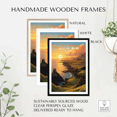 Handmade wooden frames in natural, white, and black for Isle of Skye Art Print, made from sustainably sourced wood.