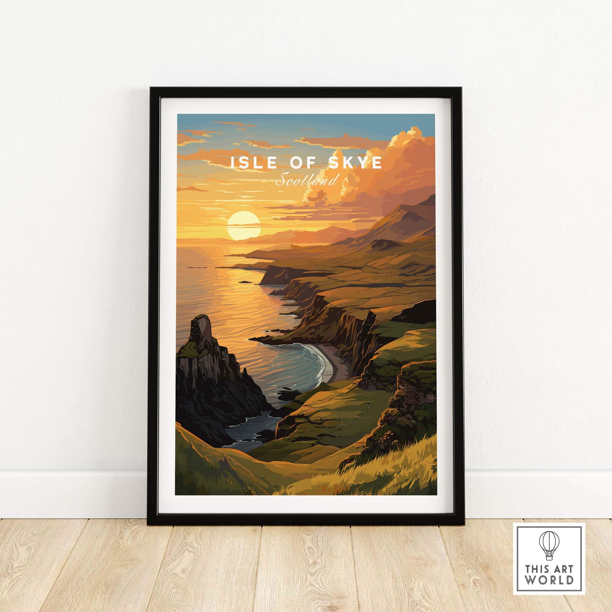 Isle of Skye Art Print showcasing a stunning sunset over the Scottish landscape with vibrant colors and serene ambiance.