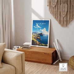 Isle of Skye Poster displayed in a cozy living room setting, showcasing Scotland's stunning landscapes.