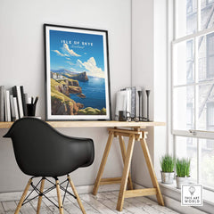 Isle of Skye Poster displayed in a stylish home office setting, highlighting Scotland's breathtaking landscapes.
