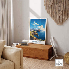 Isle of Skye Poster Modern displayed in a stylish living room setting on a wooden table.