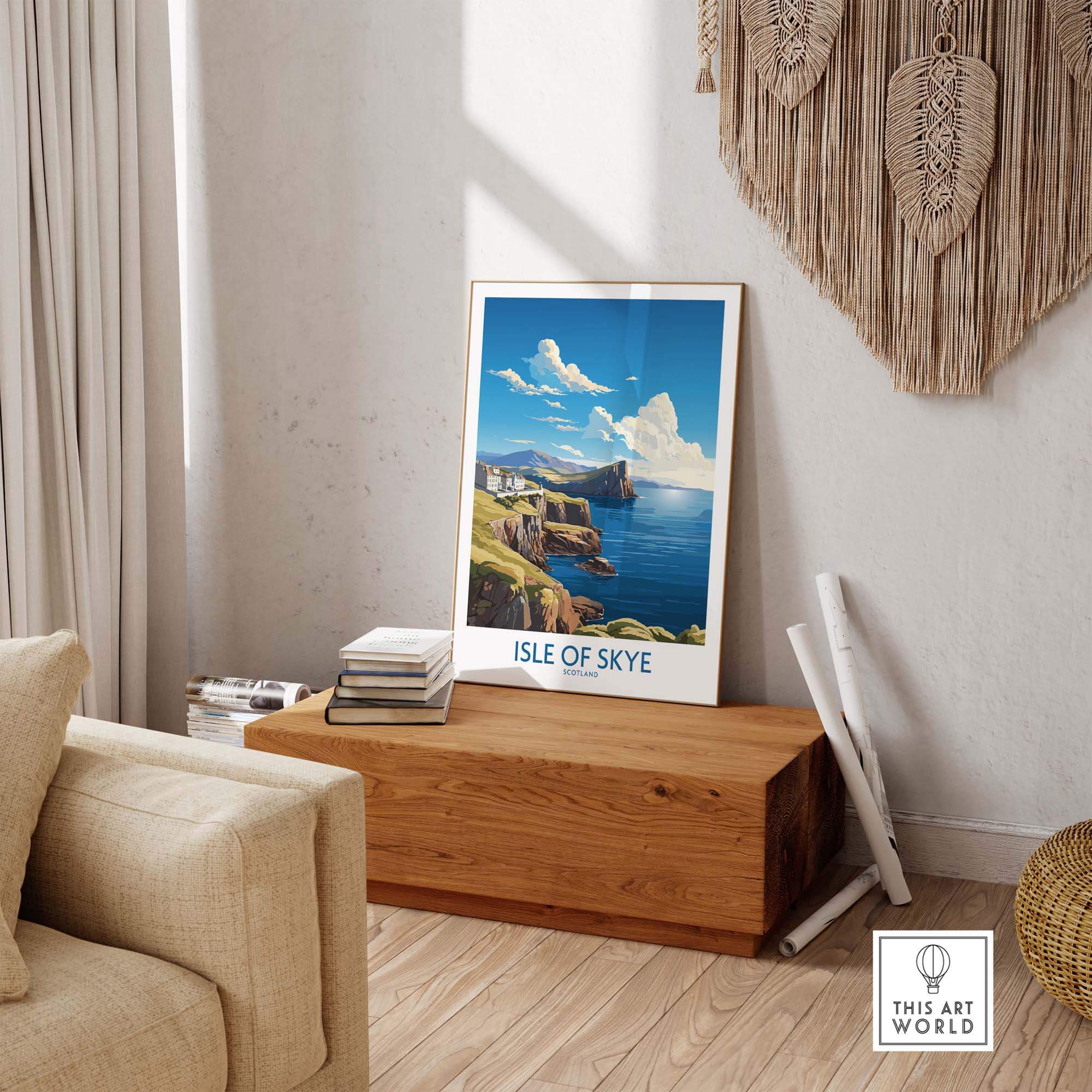 Isle of Skye Poster Modern displayed in a stylish living room setting on a wooden table.