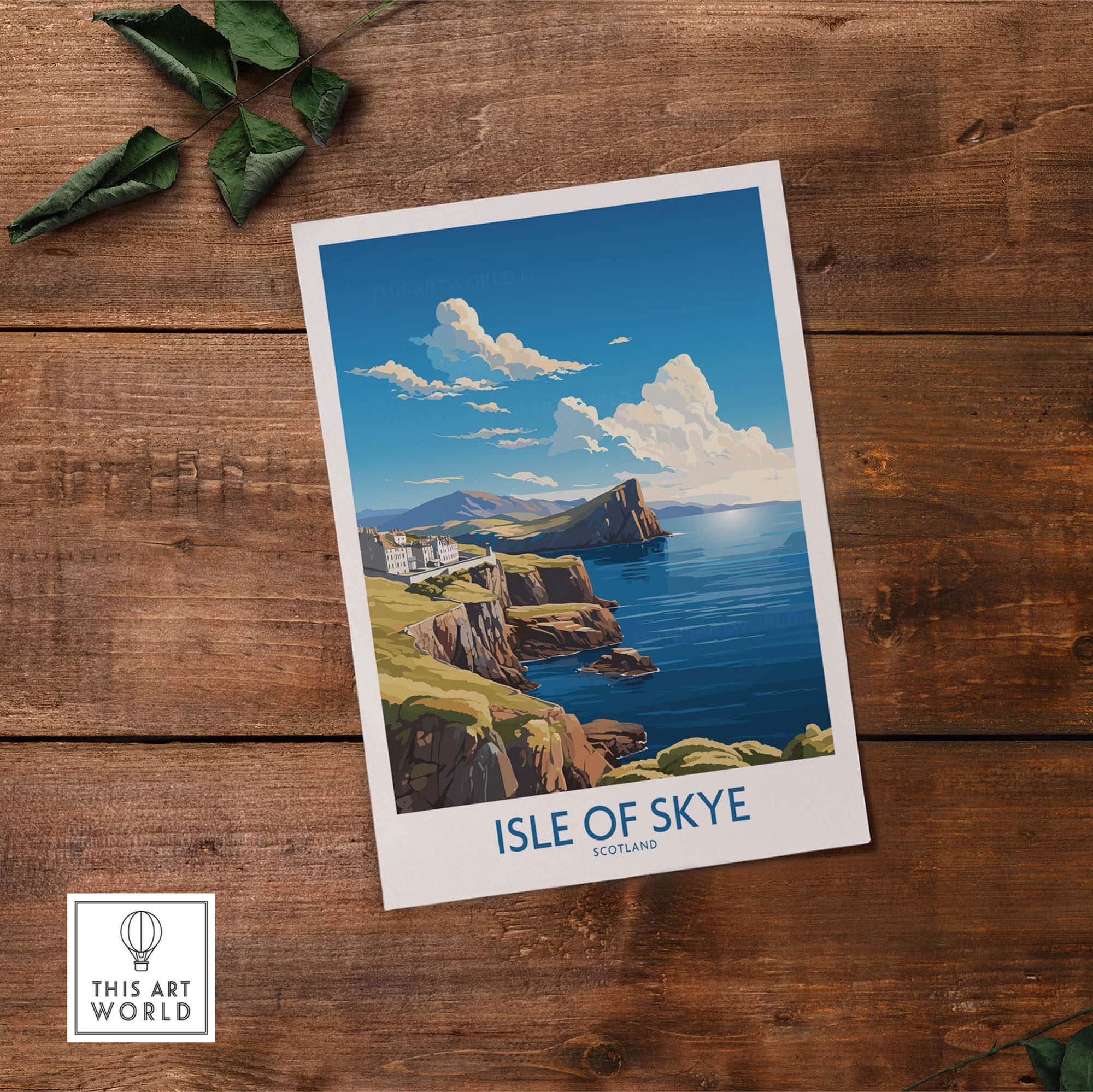 Isle of Skye Poster Modern showcasing vibrant landscape of Scotland by the sea.