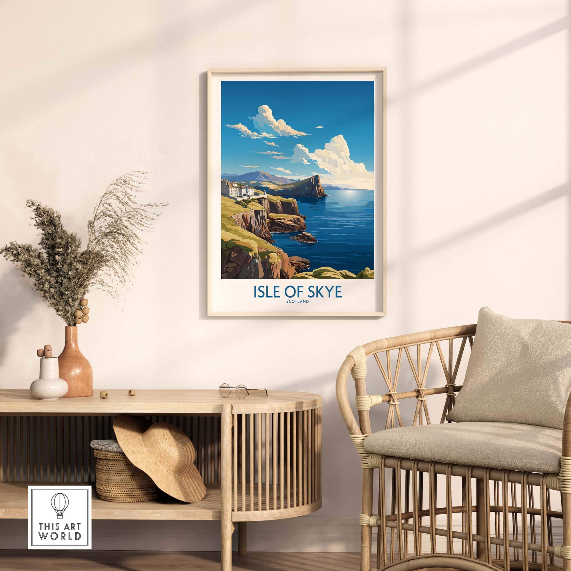 Isle of Skye Poster Modern displayed in a cozy room with a rattan chair and decorative plants.
