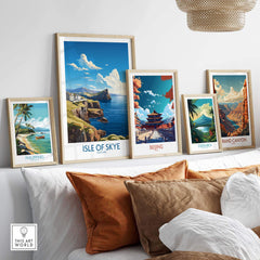 Isle of Skye Poster Modern displayed among various travel art prints on a stylish wall.