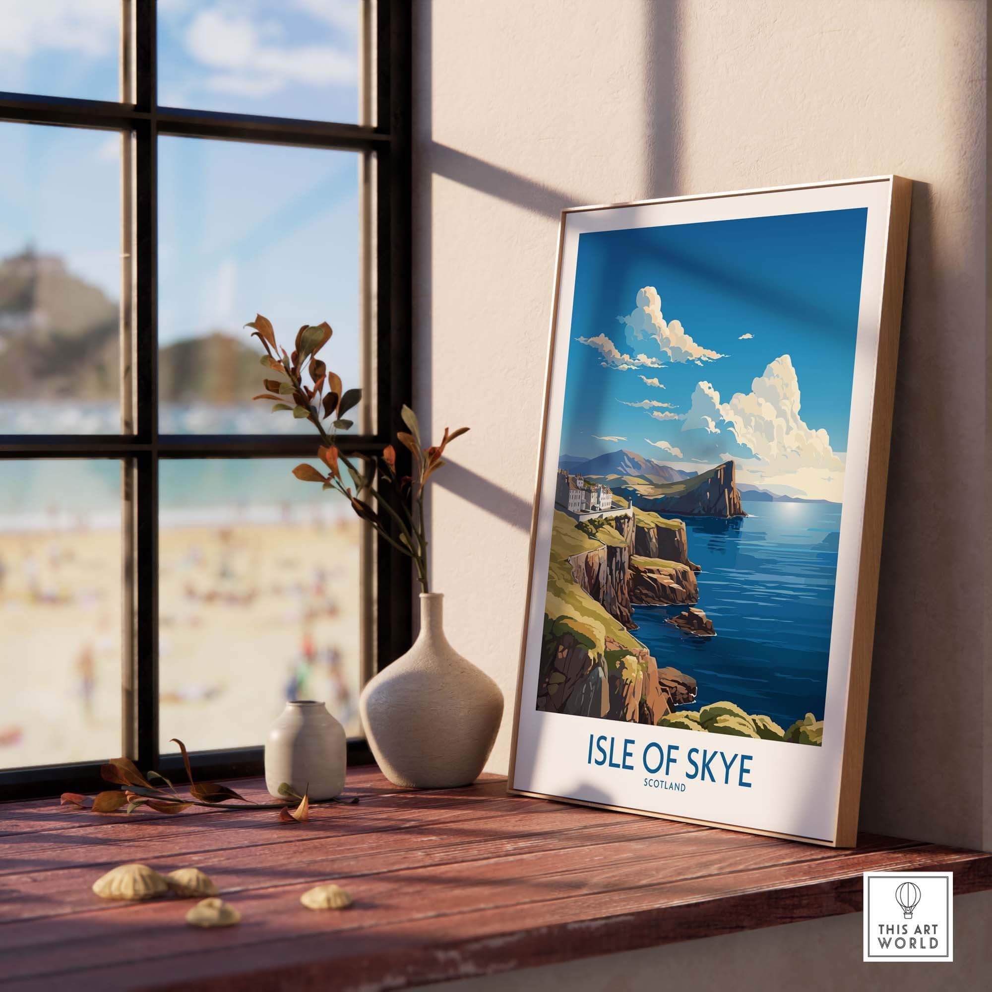 Isle of Skye Poster Modern displayed in a cozy interior with vibrant colors and a scenic coastal view.