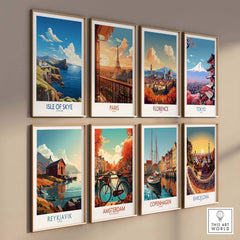 Isle of Skye Poster Modern displayed among other city posters, showcasing vibrant landscapes and city life.