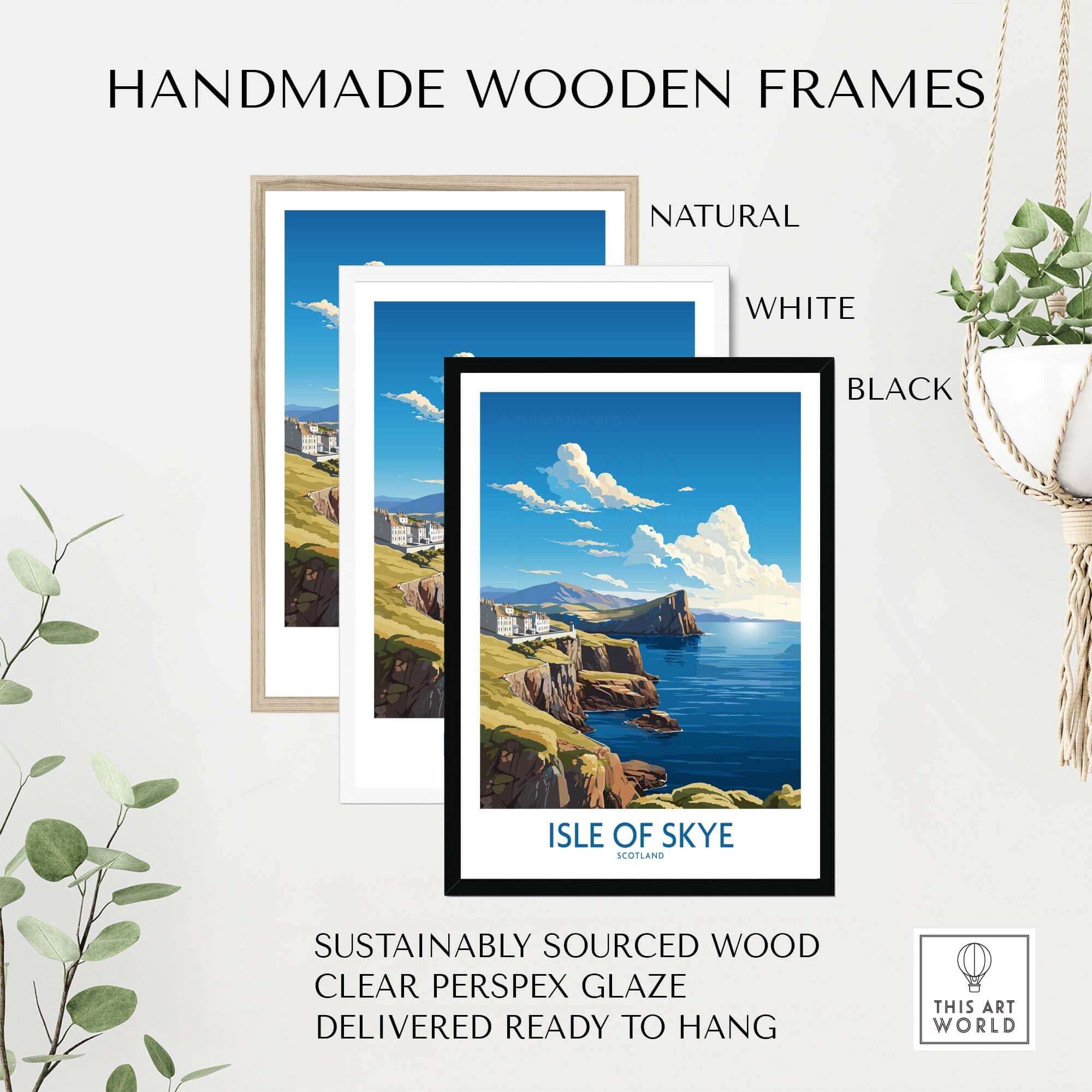 Isle of Skye Poster Modern displayed in handmade wooden frames, featuring natural, white, and black options for wall decor.