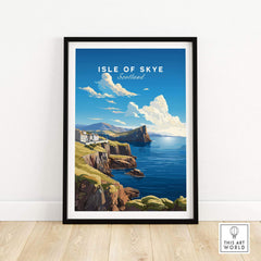 Isle of Skye Poster showcasing Scotland's landscapes with cliffs and water under a vibrant sky.