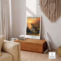 Isle of Skye Wall Art Print featuring a sunset over a breathtaking landscape in a stylish home setting.