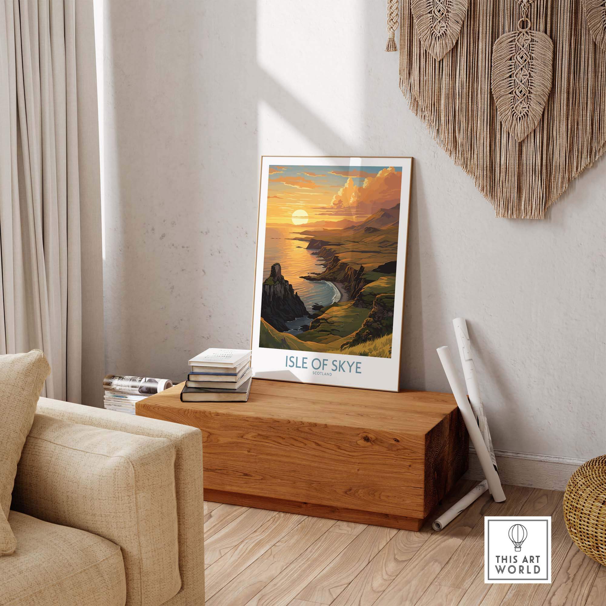 Isle of Skye Wall Art Print featuring a sunset over a breathtaking landscape in a stylish home setting.