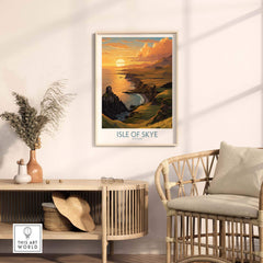 Isle of Skye Wall Art Print featuring a stunning sunset landscape in a modern living room setting.