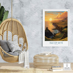 Isle of Skye Wall Art Print displaying a vibrant sunset landscape in a stylish room setting.