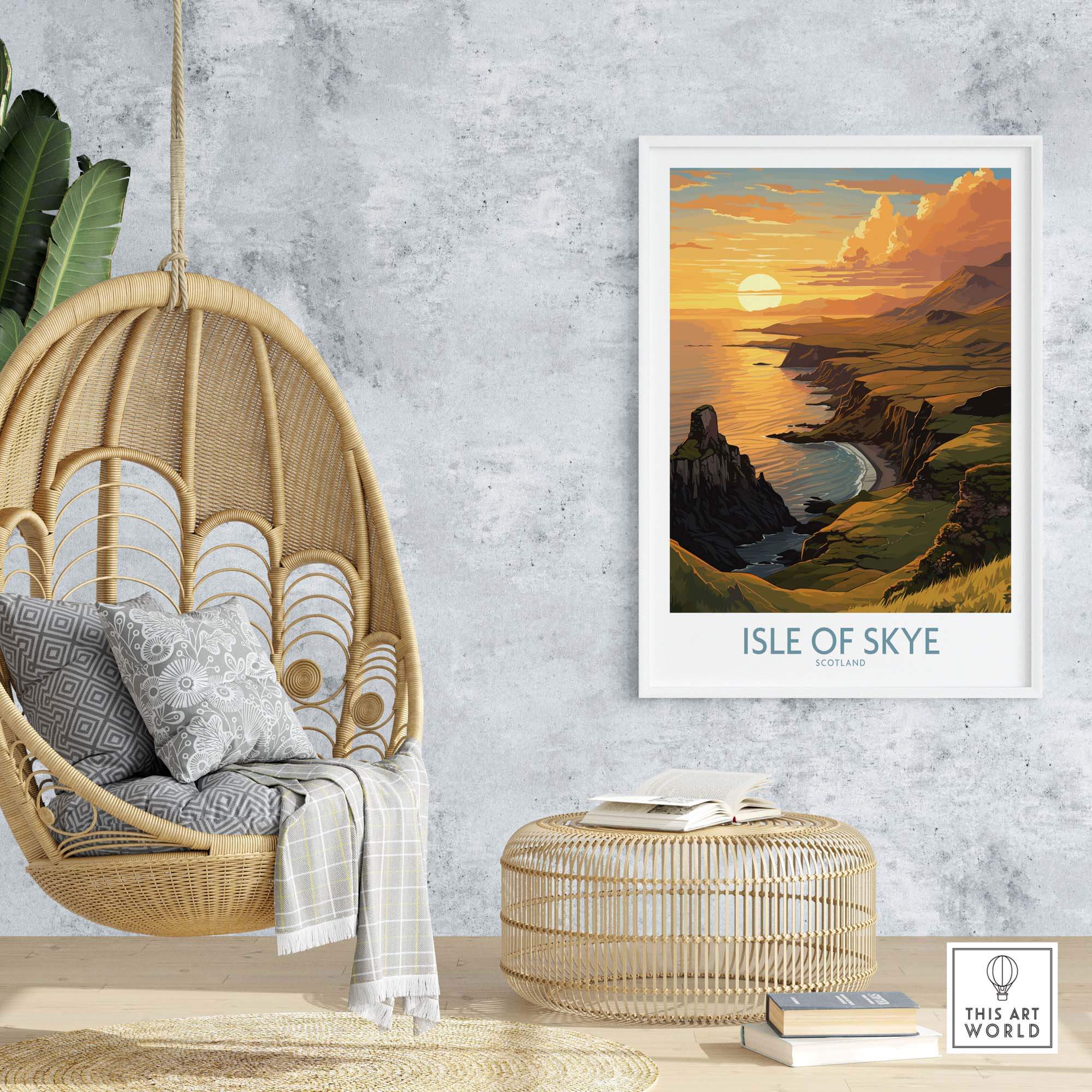 Isle of Skye Wall Art Print displaying a vibrant sunset landscape in a stylish room setting.