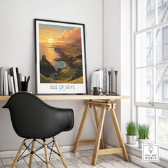 Isle of Skye Wall Art Print showcasing a vibrant sunset over a scenic landscape in a modern interior setting.