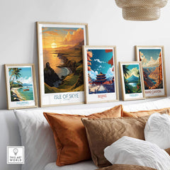 Isle of Skye Wall Art Print displayed among other travel-themed prints in a cozy home setting.