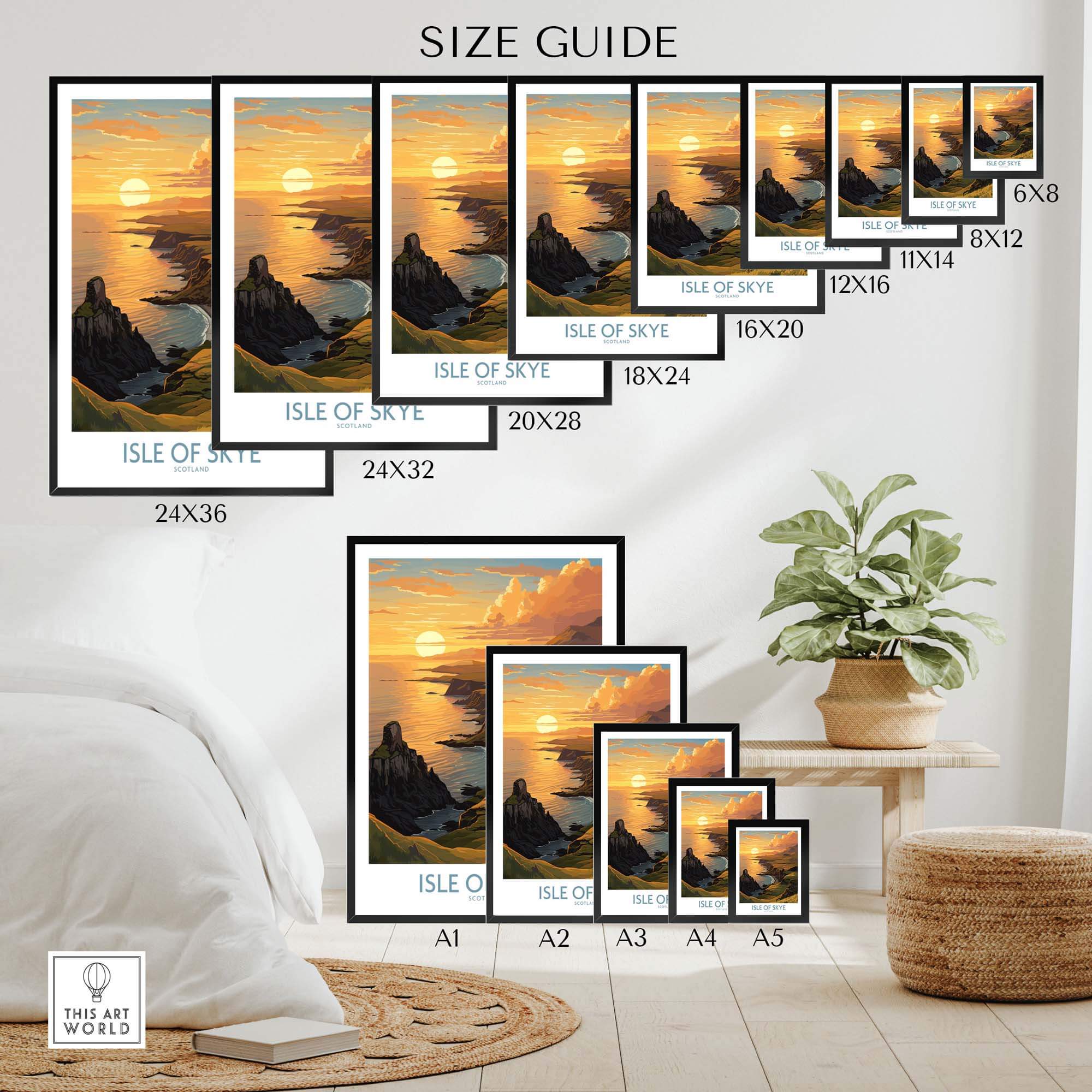 Size guide for Isle of Skye Wall Art Print displaying various frame sizes in a stylish interior setting.