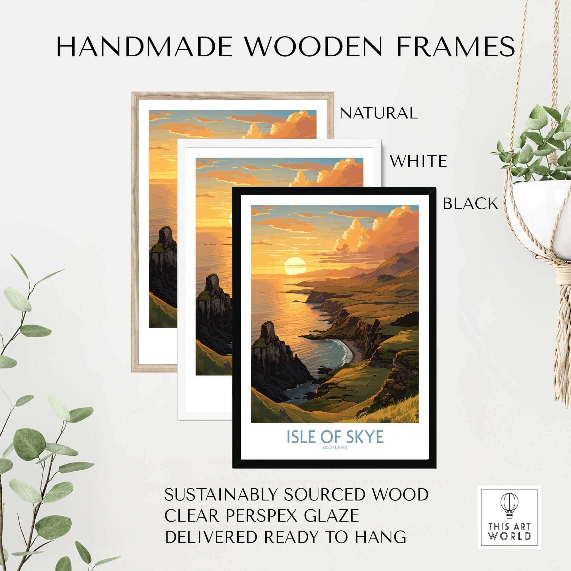 Handmade wooden frames in natural, white, and black for Isle of Skye Wall Art Print, made with sustainably sourced wood.