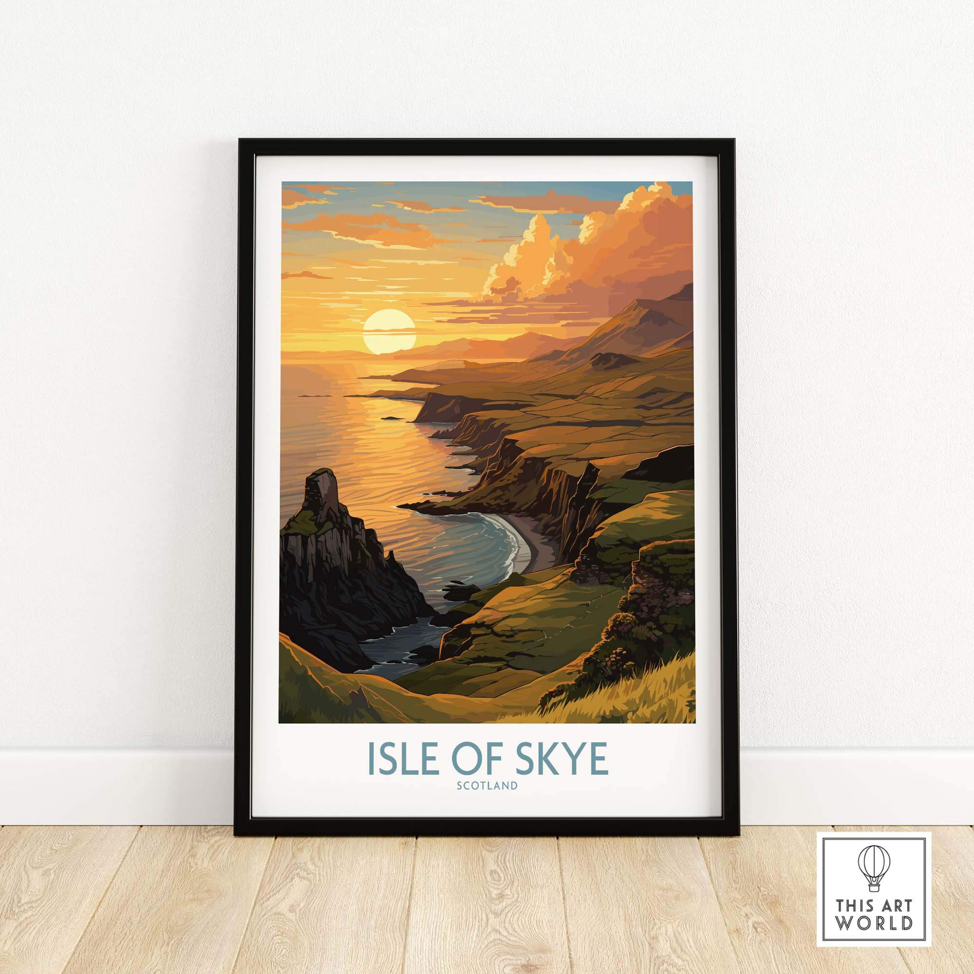 Isle of Skye Wall Art Print featuring a stunning sunset over Scotland's coastal landscape.