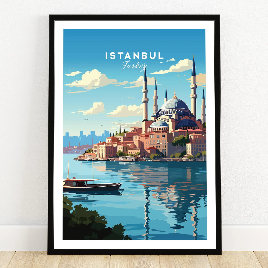 Istanbul Turkey travel poster with Blue Mosque, waterfront, and city skyline art print for home decor