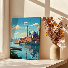 Istanbul Turkey travel poster with Blue Mosque, waterfront cityscape, and boat, perfect for home wall art decor