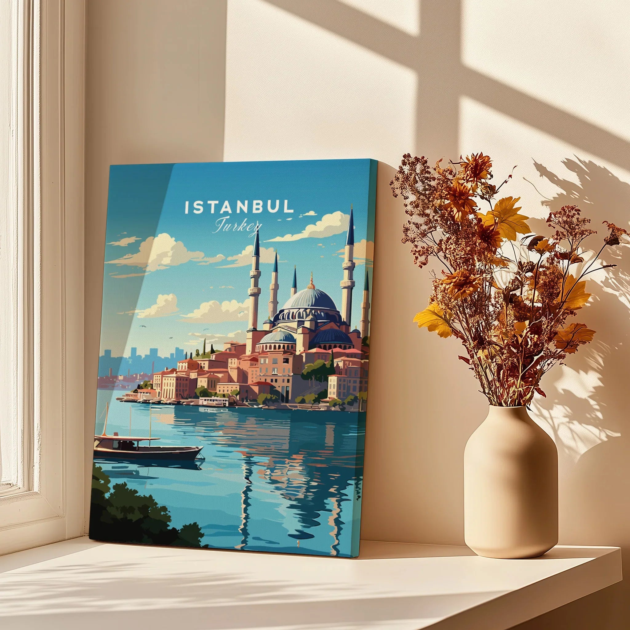 Istanbul Turkey travel poster with Blue Mosque, waterfront cityscape, and boat, perfect for home wall art decor