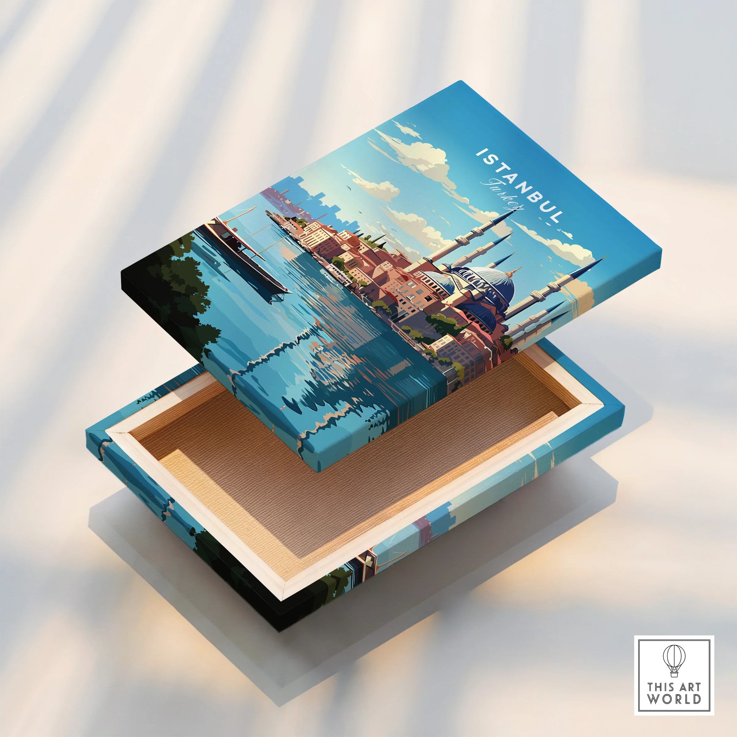 Istanbul Turkey travel poster canvas art with skyline and mosque, perfect for home decor wall art