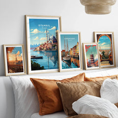 Framed travel posters of Istanbul, Paris, Copenhagen, Tokyo, and Barcelona for wall art decor