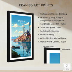 Framed Istanbul travel poster art print with mosque skyline, water, and boat, ready to hang wall decor