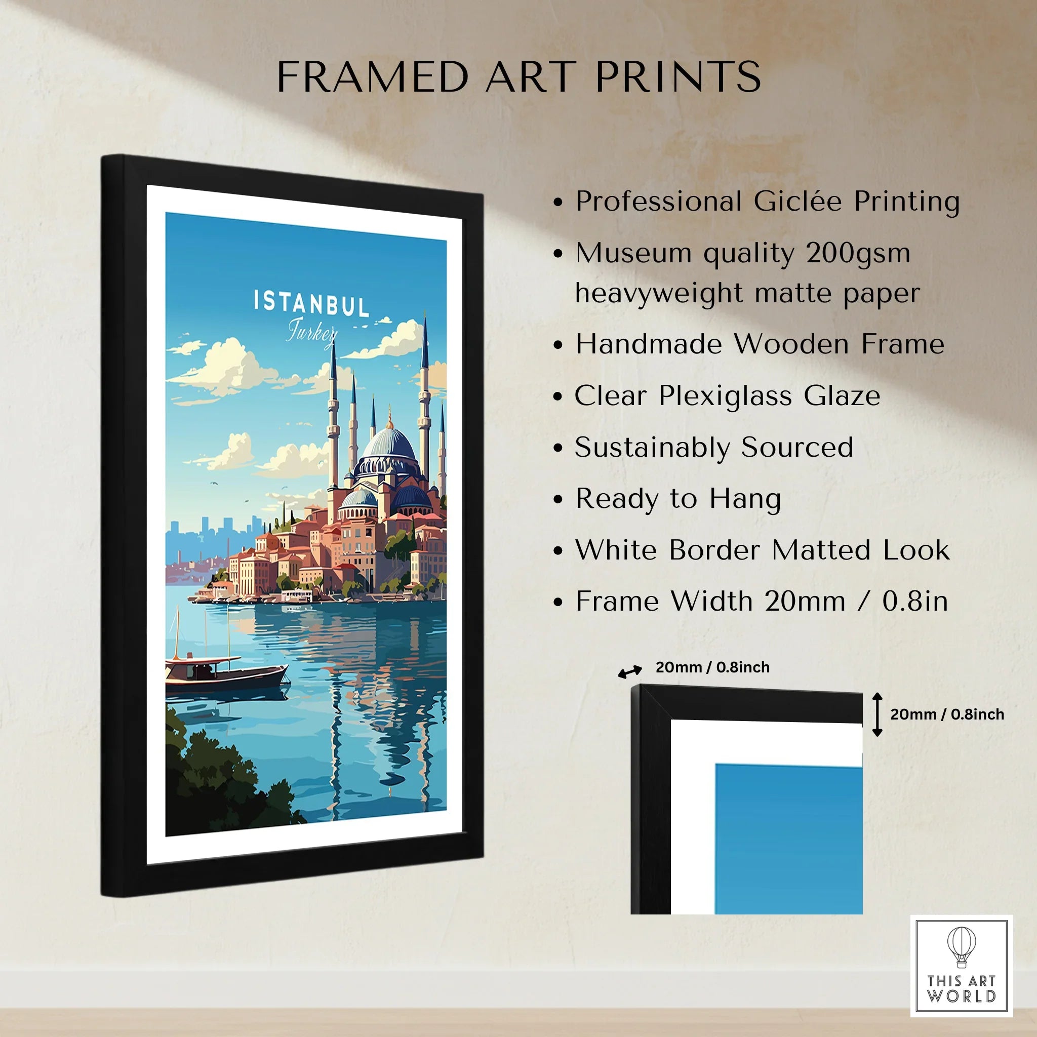Framed Istanbul travel poster art print with mosque skyline, water, and boat, ready to hang wall decor