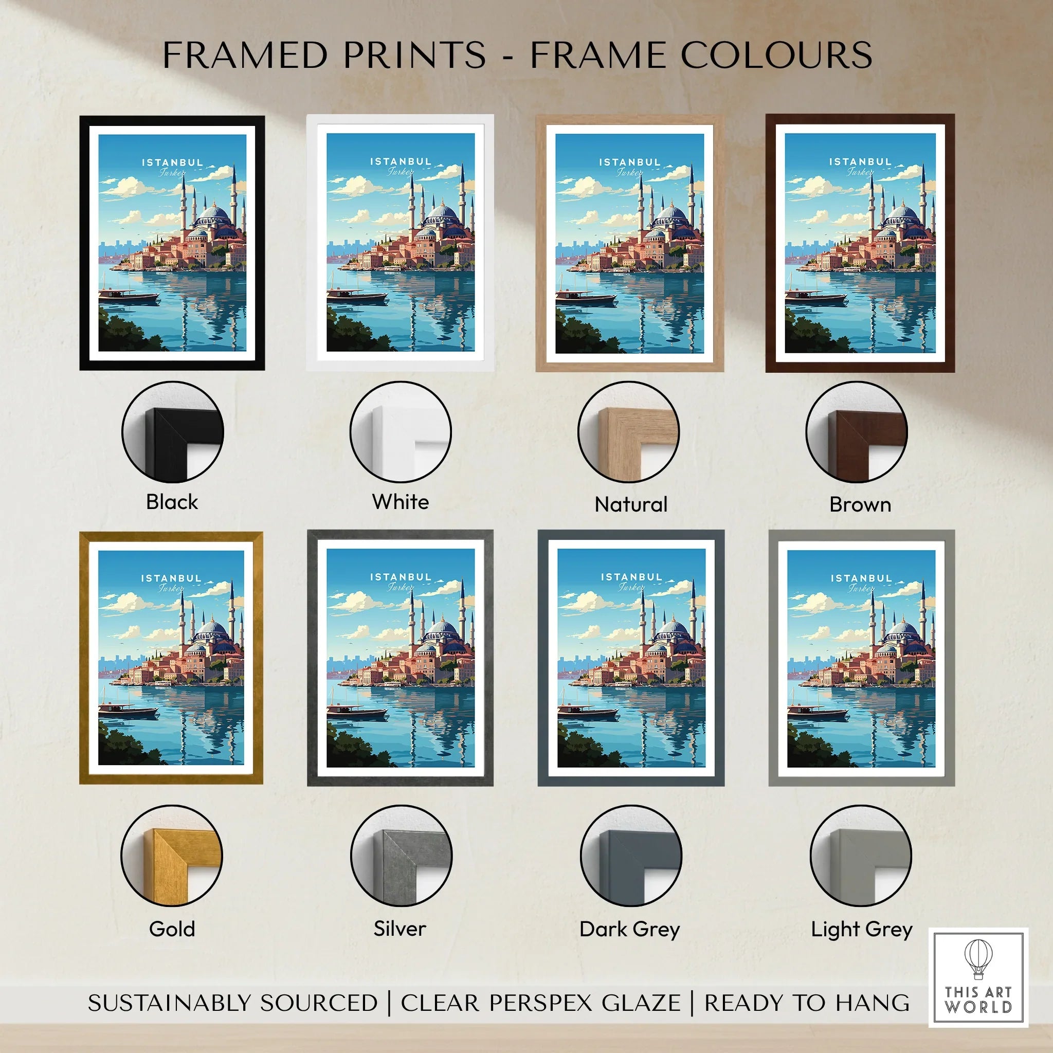 Istanbul travel poster in eight frame colors: black, white, natural, brown, gold, silver, dark grey, light grey