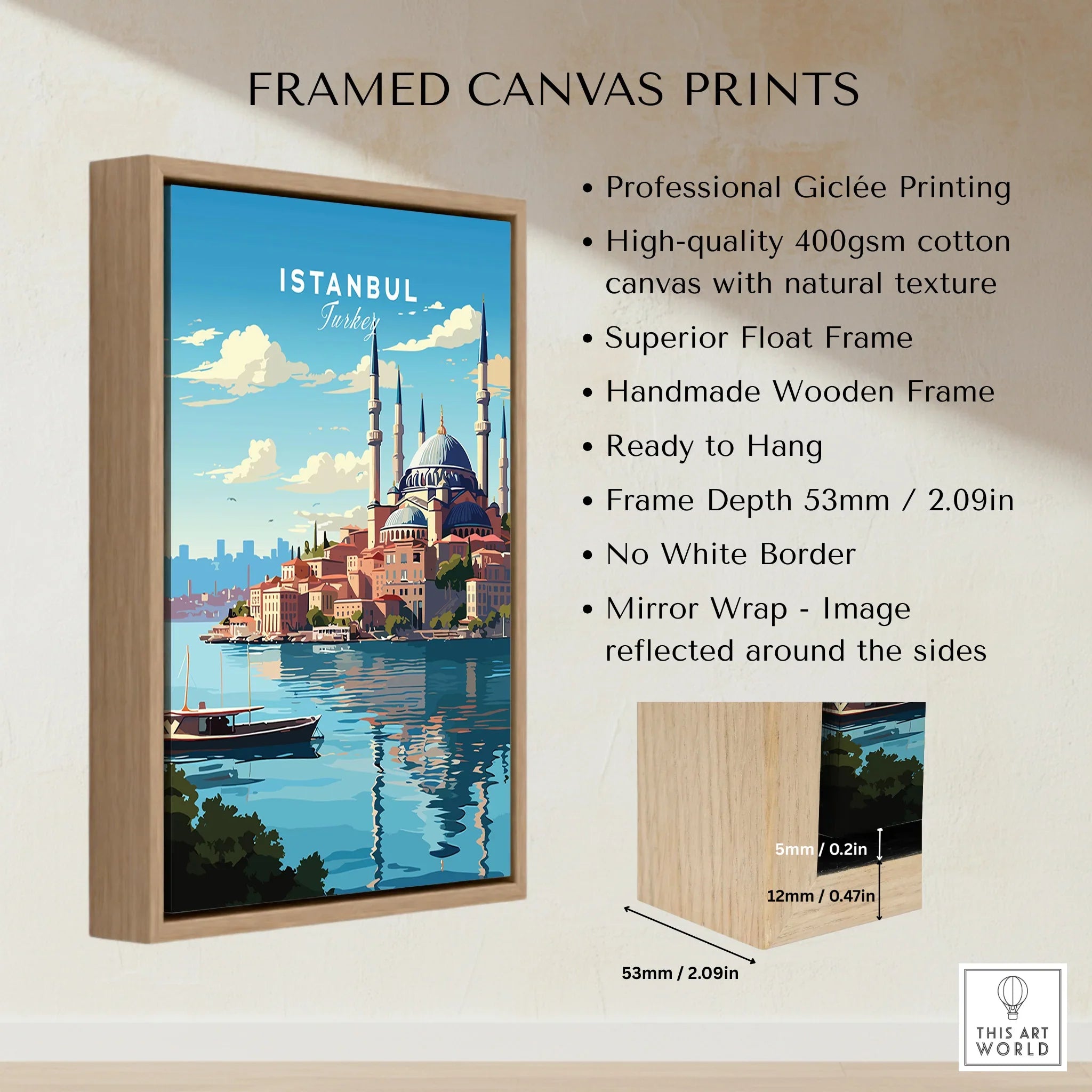 Framed Istanbul travel poster with skyline, mosque, and waterfront, perfect for city skyline wall art decor.