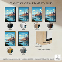 Istanbul travel poster in various frame colors, featuring skyline art on cotton canvas, ready to hang.