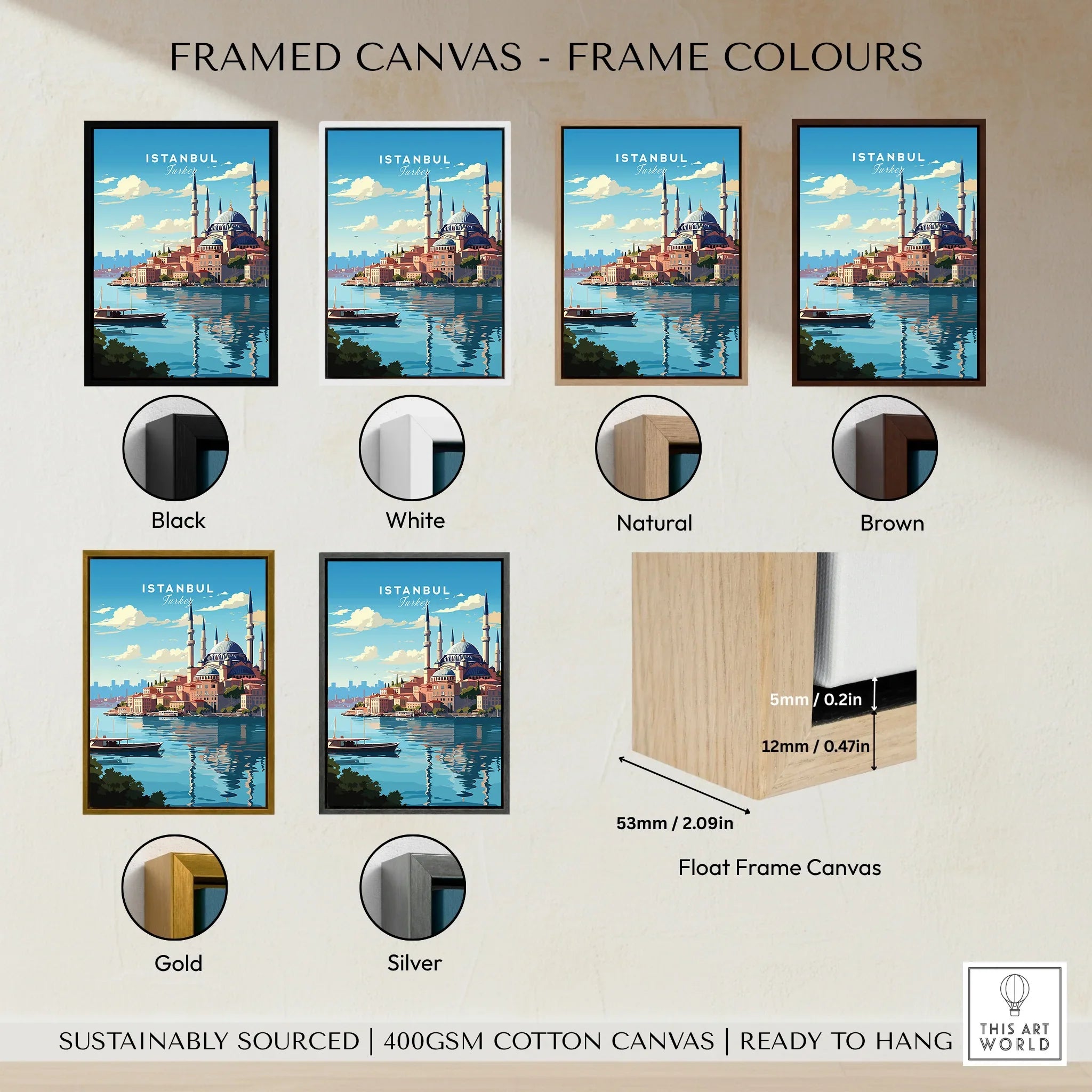 Istanbul travel poster in various frame colors, featuring skyline art on cotton canvas, ready to hang.