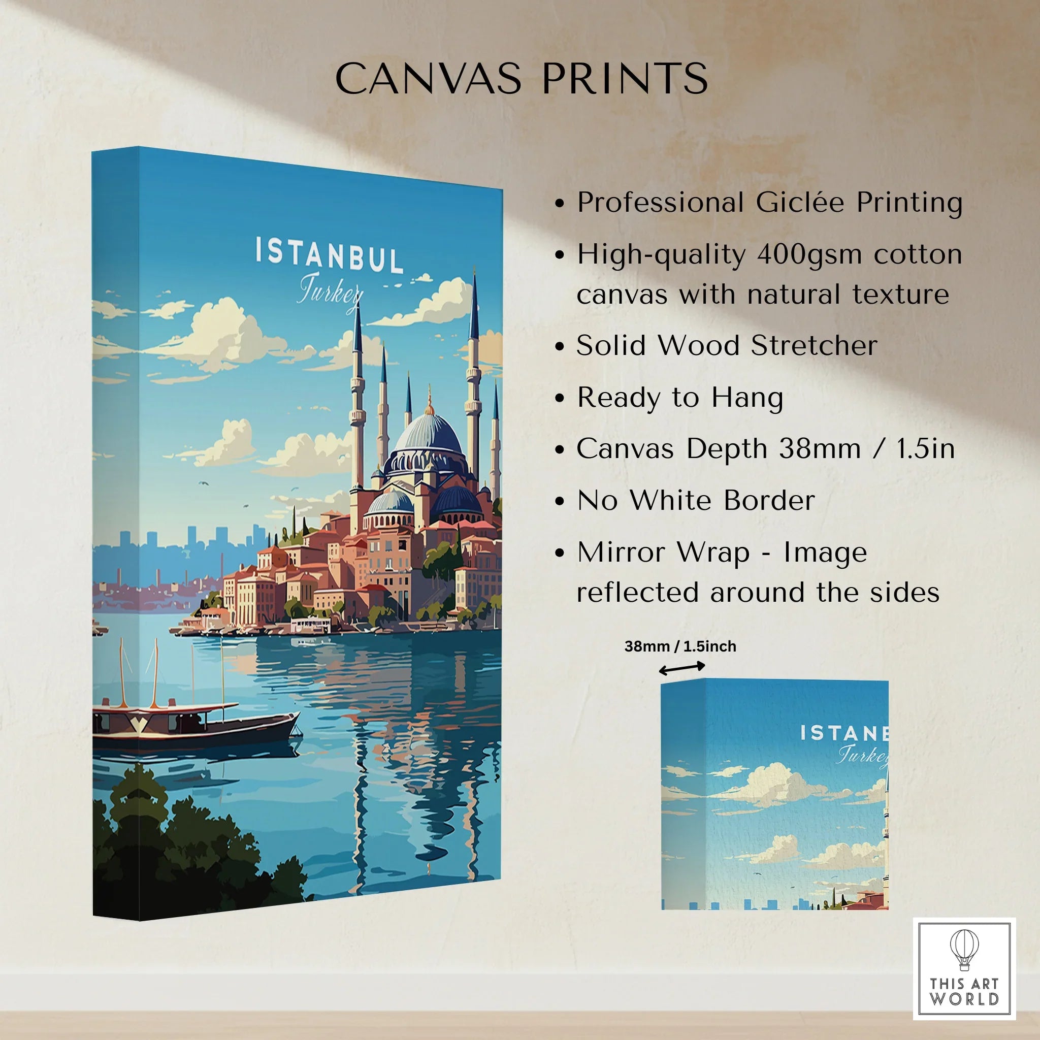 Istanbul Turkey travel poster canvas print with mosque skyline and waterfront view