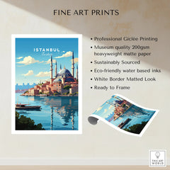 Istanbul Turkey travel poster with mosque skyline, water view, and white border — ready to frame wall art print