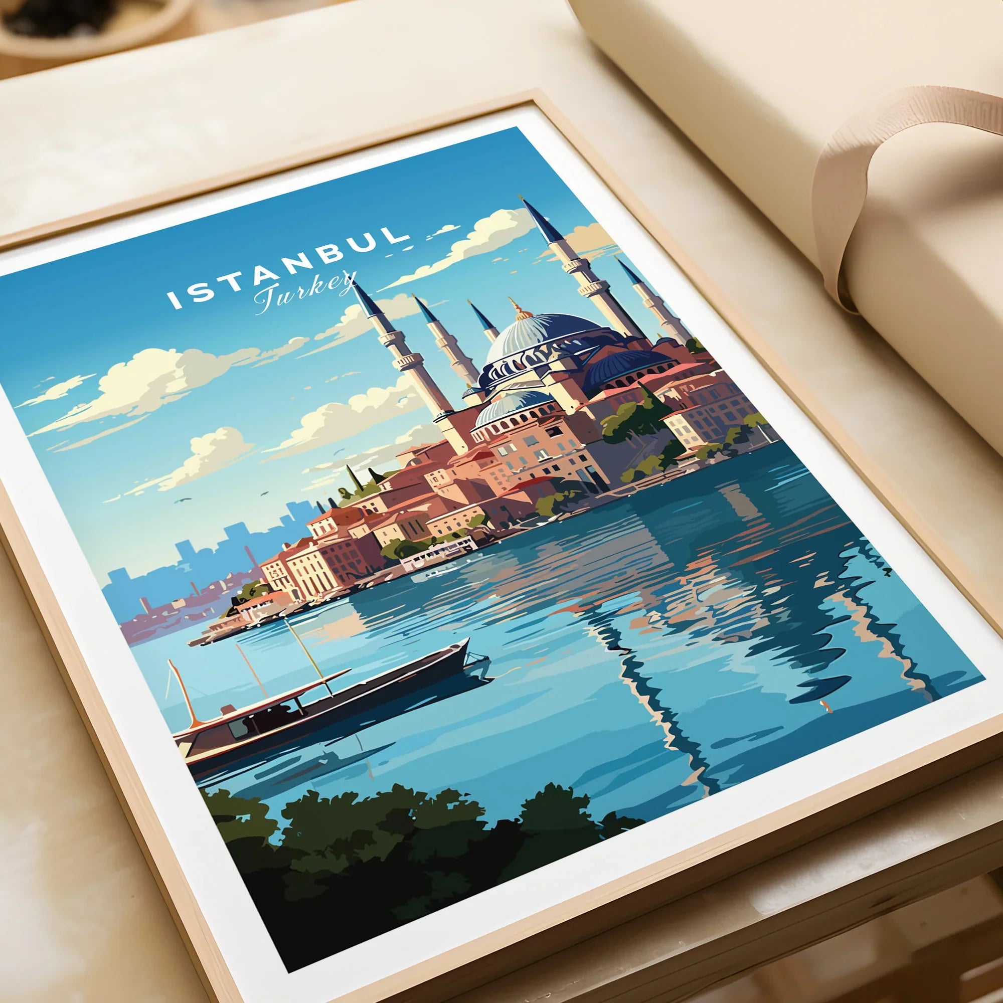 Istanbul Turkey travel poster with mosque skyline, water, and boat, framed wall art for home decor