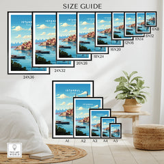 Istanbul Turkey travel poster size guide for wall art, available in multiple dimensions for home decor.