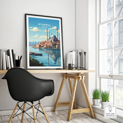 Istanbul Turkey travel poster with mosque skyline, water view, framed wall art for home office decor
