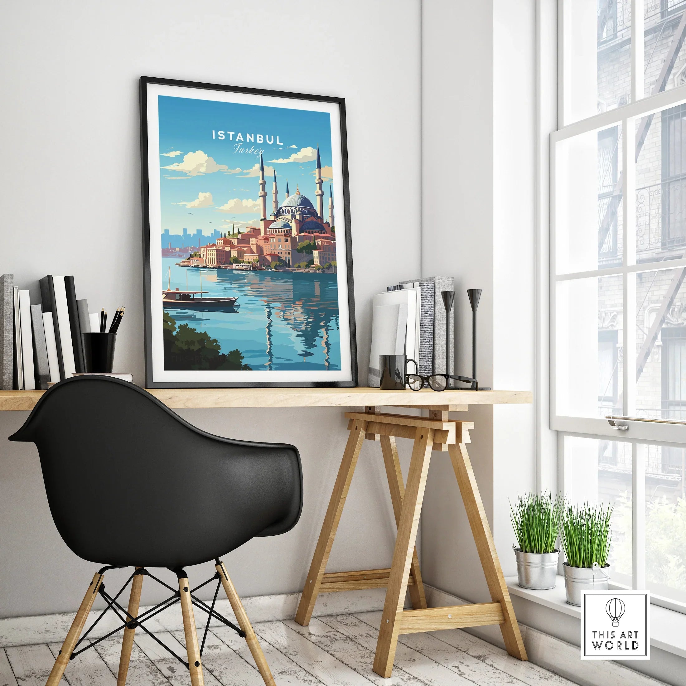 Istanbul Turkey travel poster with mosque skyline, water view, framed wall art for home office decor