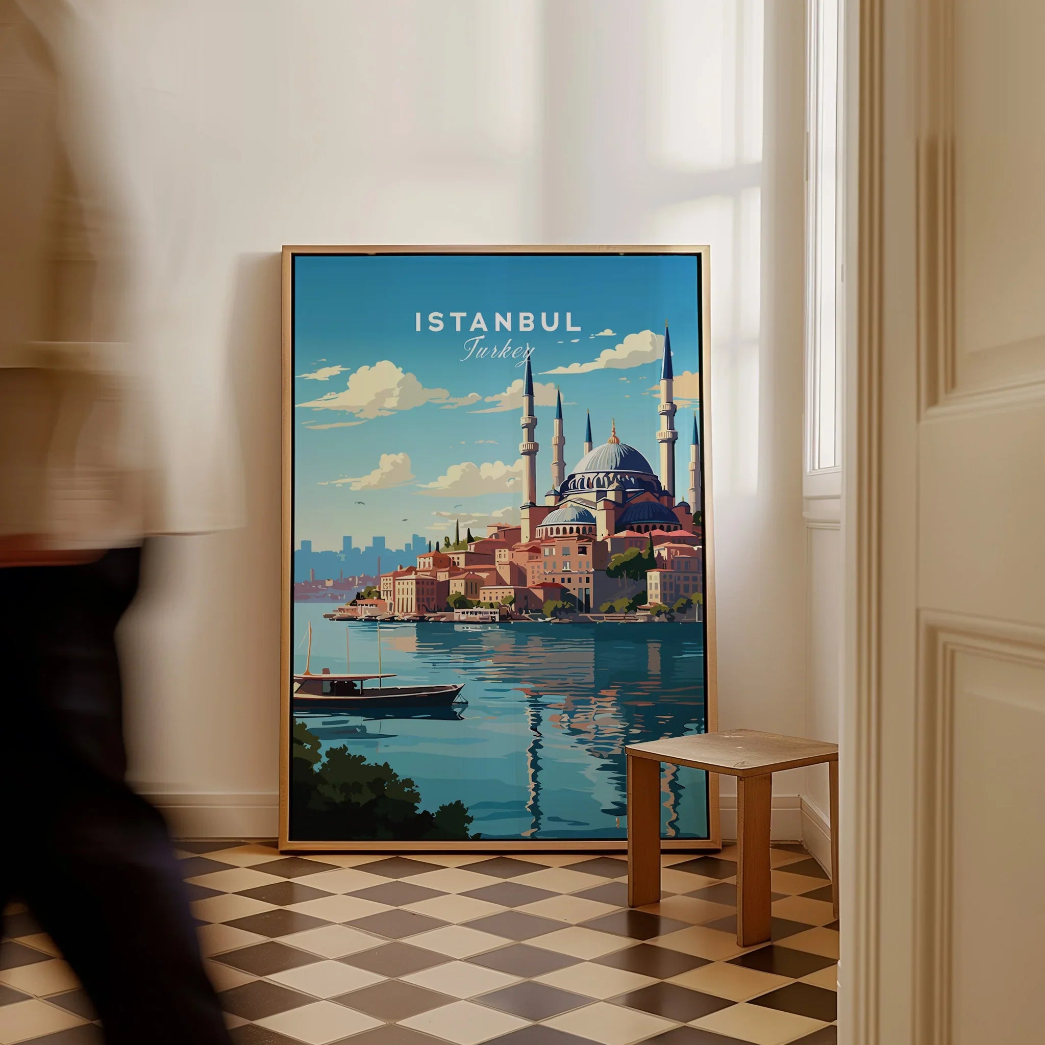 Istanbul Turkey travel poster with mosque skyline, waterfront, and boat, framed wall art for home decor