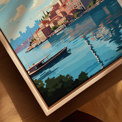 Framed travel poster of coastal cityscape with boats, ideal for home wall art decor